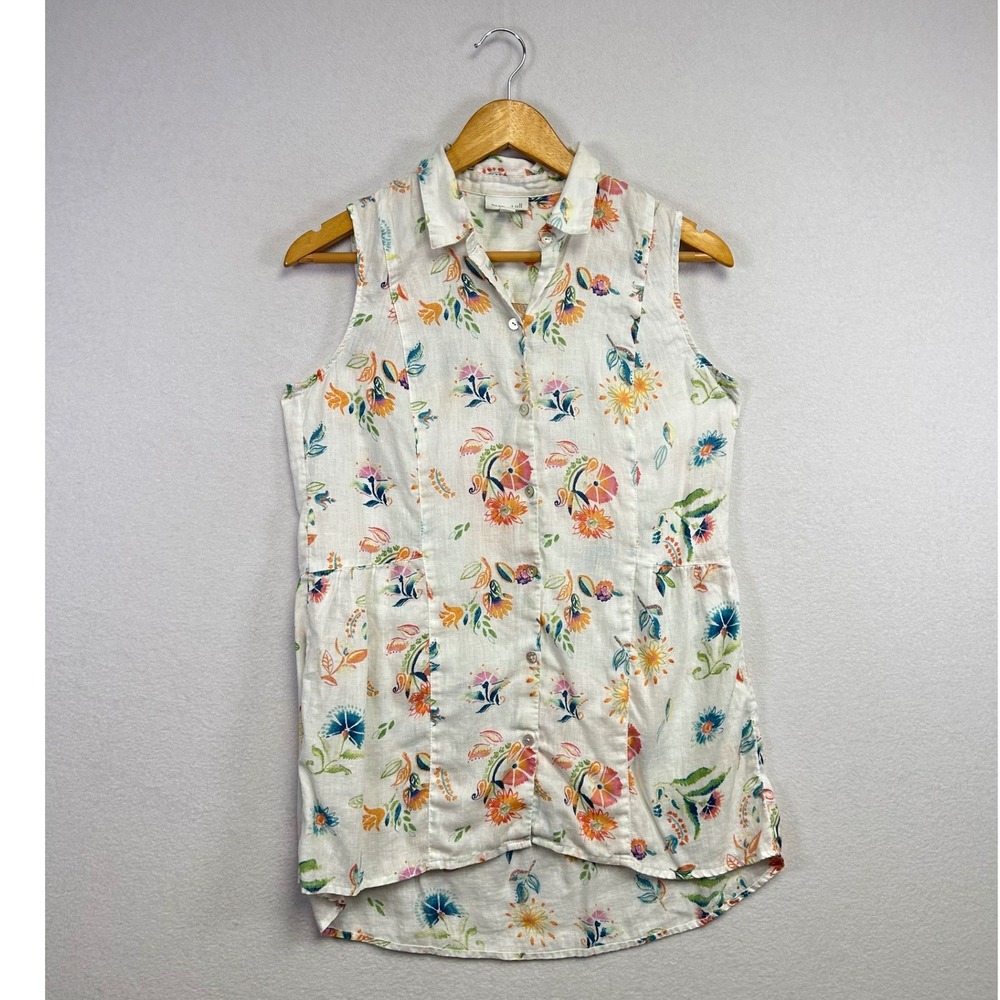 J.Jill Love Linen Sleeveless Floral Button Up Shirt Tunic‎ Top XS White